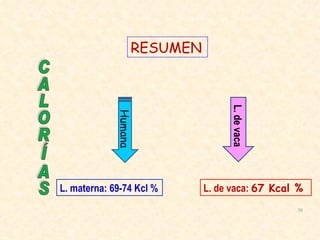 CALORÍAS RESUMEN Humana L. materna:  69-74 Kcl % L. de vaca L. de vaca:  67 Kcal % 
