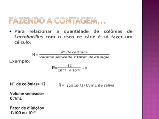 N° de colônias= 12
Volume semeado=
0,1mL
Fator de diluição=
1100 ou 10-²
 