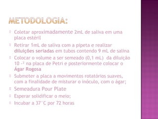  Coletar aproximadamente 2mL de saliva em uma
placa estéril
 Retirar 1mL de saliva com a pipeta e realizar
diluições seriadas em tubos contendo 9 mL de salina
 Colocar o volume a ser semeado (0,1 mL) da diluição
10 -² na placa de Petri e posteriormente colocar o
Ágar Rogosa
 Submeter a placa a movimentos rotatórios suaves,
com a finalidade de misturar o inóculo, com o ágar;
 Semeadura Pour Plate
 Esperar solidificar o meio;
 Incubar a 37°C por 72 horas
 