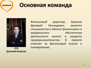 Lactocore    Основная команда

                      Финансовый     директор,    Борисов
                      Дмитрий    ...