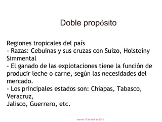 Doble propósito

Regiones tropicales del país
- Razas: Cebuinas y sus cruzas con Suizo, Holsteiny
Simmental
- El ganado de las explotaciones tiene la función de
producir leche o carne, según las necesidades del
mercado.
- Los principales estados son: Chiapas, Tabasco,
Veracruz,
Jalisco, Guerrero, etc.

                         martes 17 de abril de 2012
 
