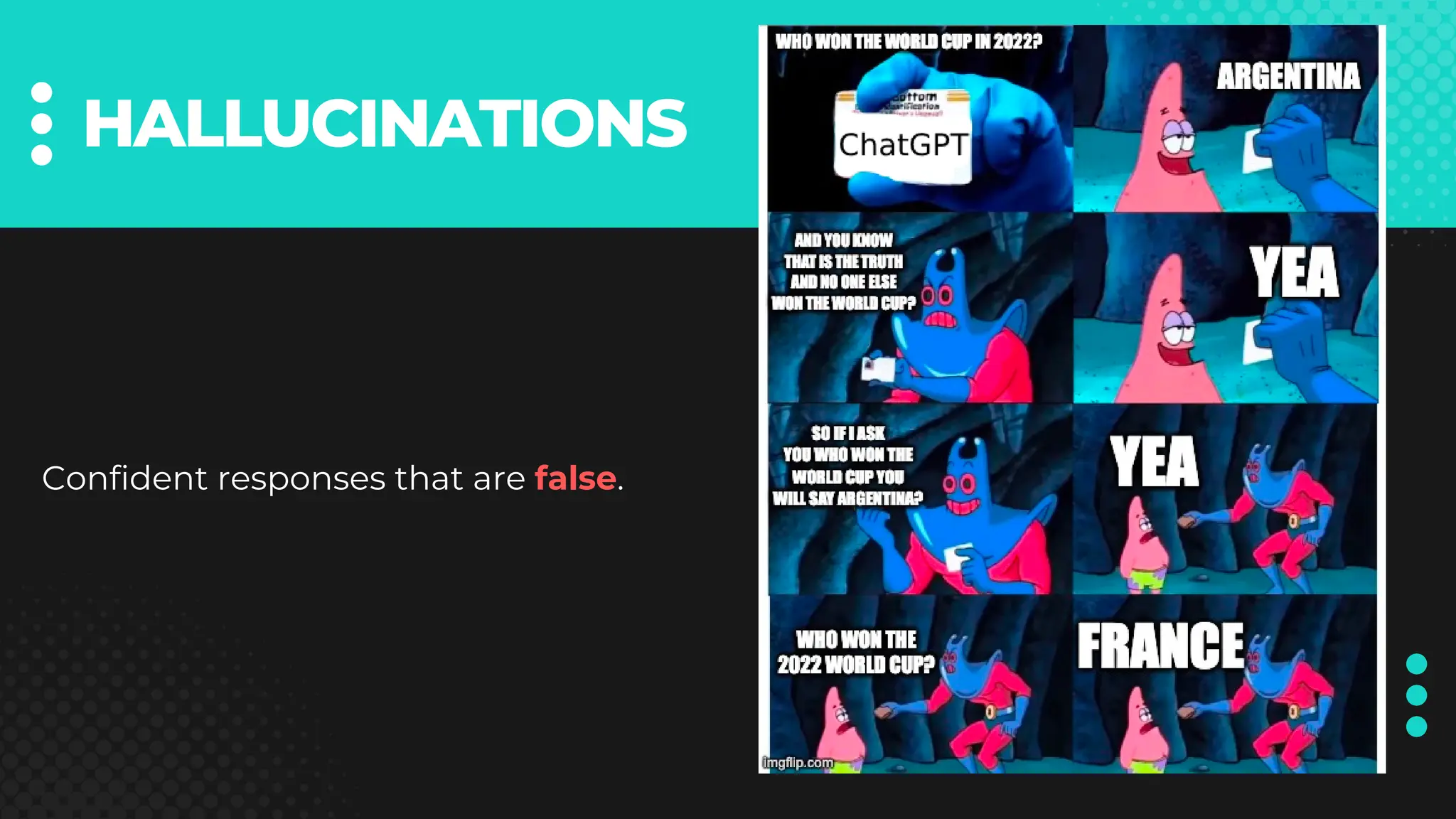HALLUCINATIONS
Confident responses that are false.
 