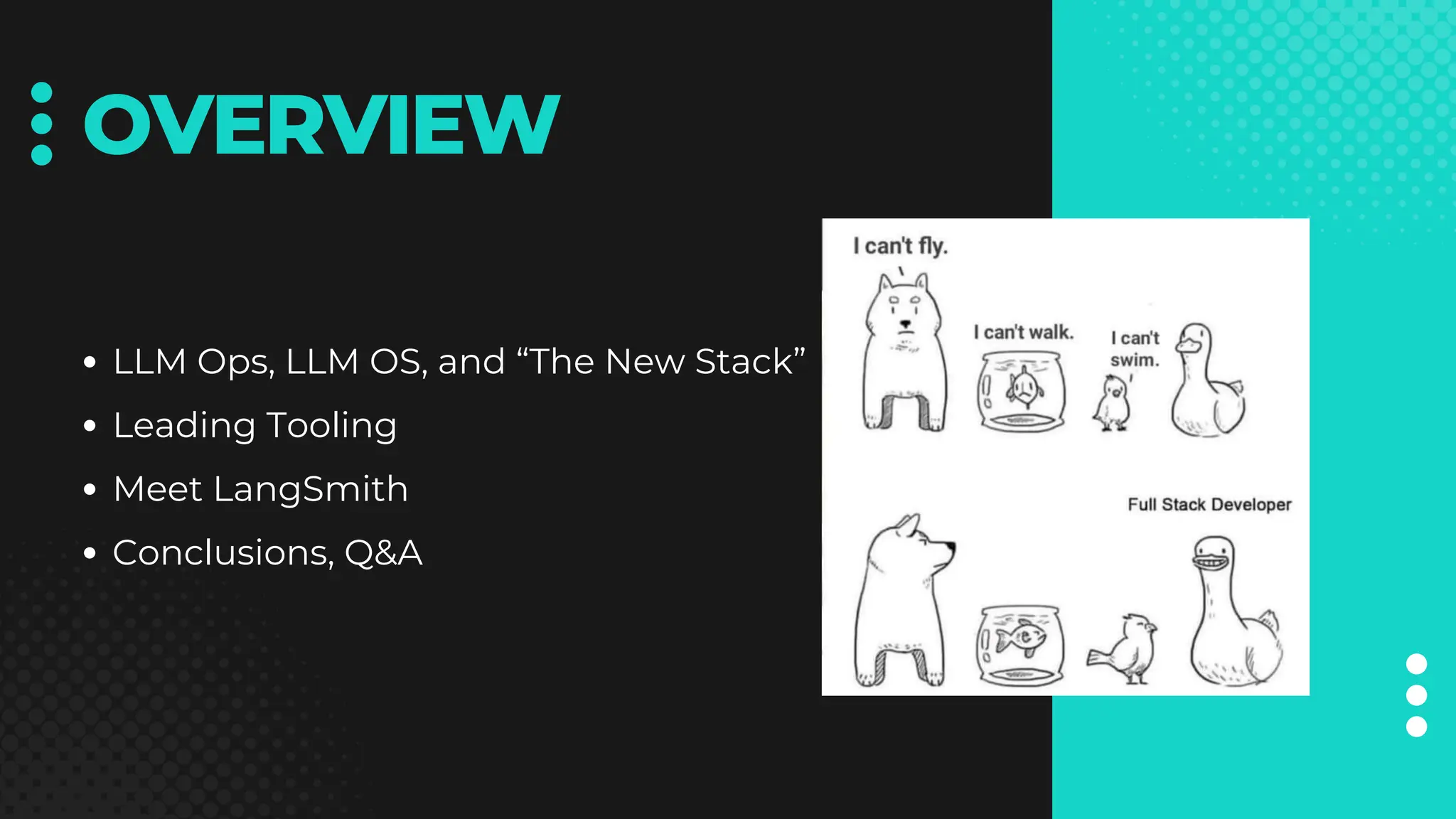 OVERVIEW
LLM Ops, LLM OS, and “The New Stack”
Leading Tooling
Meet LangSmith
Conclusions, Q&A
 