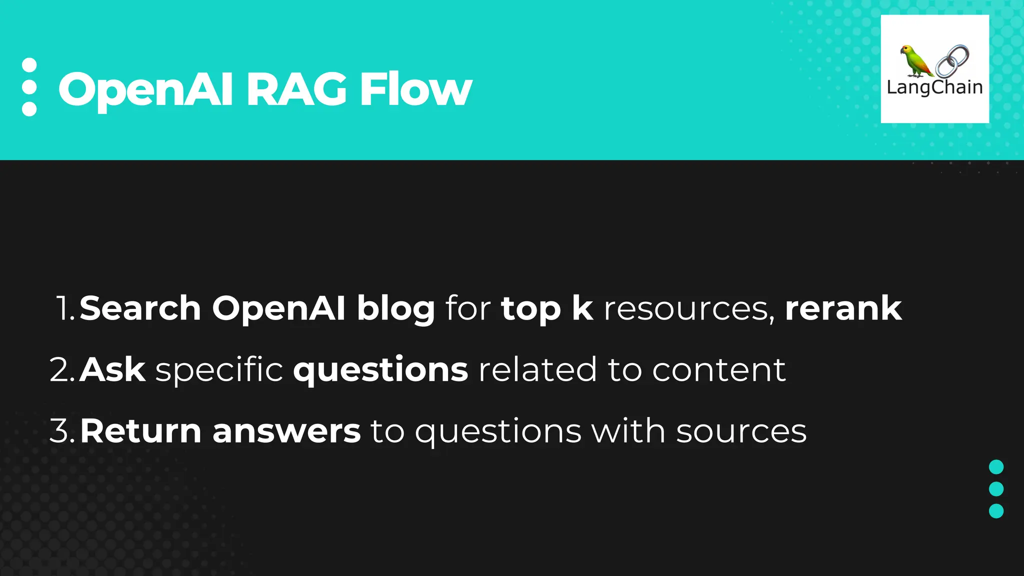 Search OpenAI blog for top k resources, rerank
1.
Ask specific questions related to content
2.
Return answers to questions with sources
3.
OpenAI RAG Flow
 