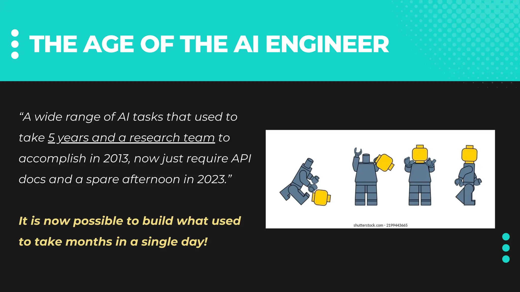 THE AGE OF THE AI ENGINEER
“A wide range of AI tasks that used to
take 5 years and a research team to
accomplish in 2013, now just require API
docs and a spare afternoon in 2023.”
It is now possible to build what used
to take months in a single day!
 