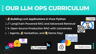 OUR LLM OPS CURRICULUM
🧑‍💻Building LLM Applications in Pure Python
1.
🔗LangChain Powered RAG and Advanced Retrieval
2.
🦙Open-Source Production RAG with LlamaIndex
3.
🕴️Agents, 🧑‍💻Hackathon, and 🧑‍🏫Demo Day!
4.
 