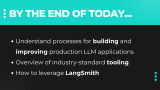 BY THE END OF TODAY...
Understand processes for building and
improving production LLM applications
Overview of industry-standard tooling
How to leverage LangSmith
 