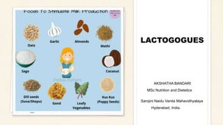 LACTOGOGUES
AKSHATHA BANDARI
MSc Nutrition and Dietetics
Sarojini Naidu Vanita Mahavidhyalaya
Hyderabad, India.
 