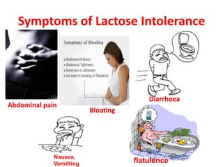 Symptoms of Lactose Intolerance
Abdominal pain
Bloating
Diarrhoea
Nausea,
Vomitting flatulence
 