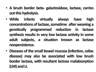 • A brush border beta- galactosidase, lactase, carries
outthishydrolysis.
• While infants virtually always have high
concentrations of lactase, sometime after weaning a
genetically programmed reduction in lactase
synthesis results in very low lactase activity in some
adult subjects, a situation known as lactase
nonpersistence.
• Diseases of the small bowel mucosa (infection, celiac
disease) may also be associated with low brush
border lactase, with resultant lactose malabsorption
(LM)andLI.
 