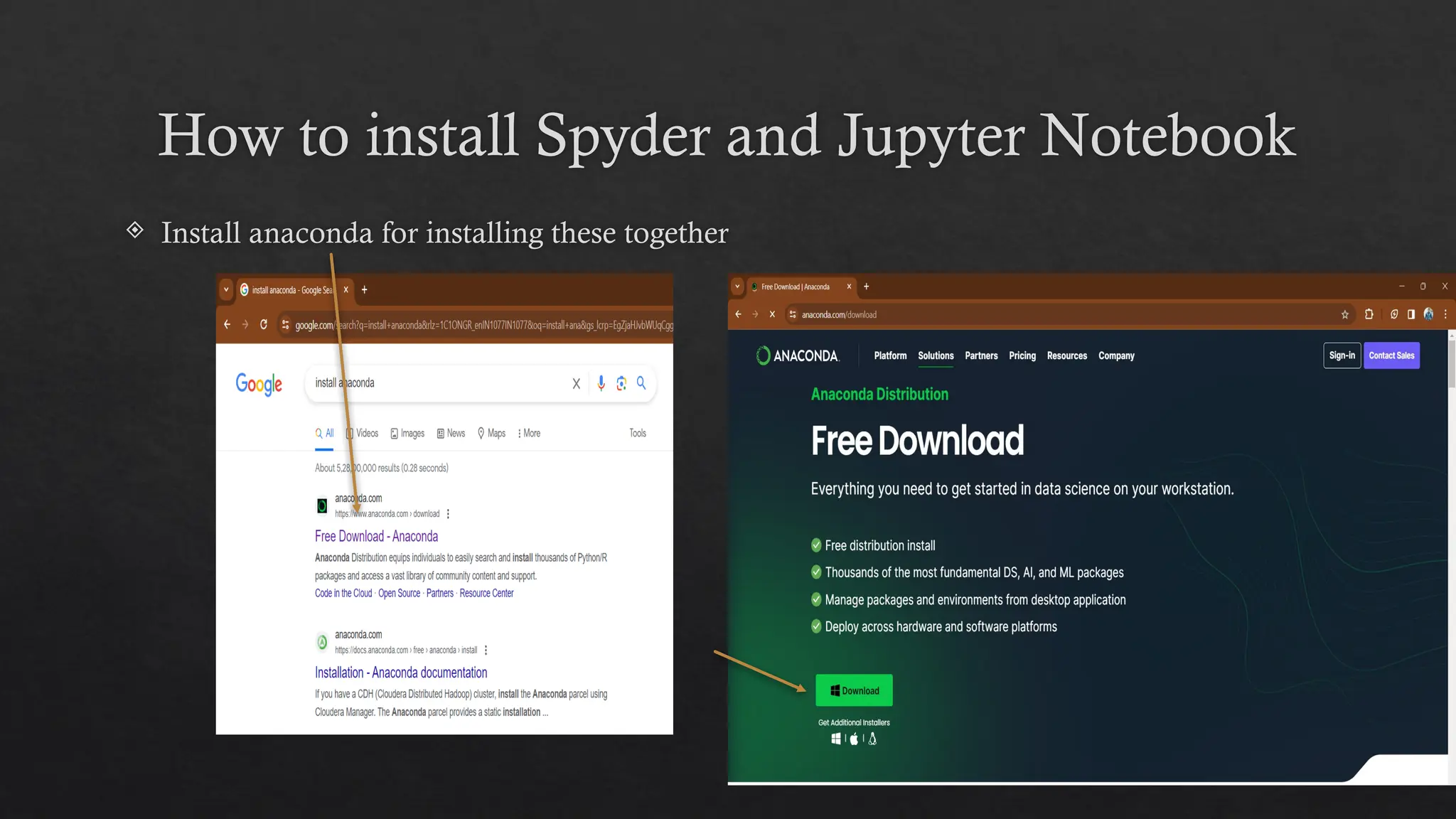 How to install Spyder and Jupyter Notebook
 Install anaconda for installing these together
 