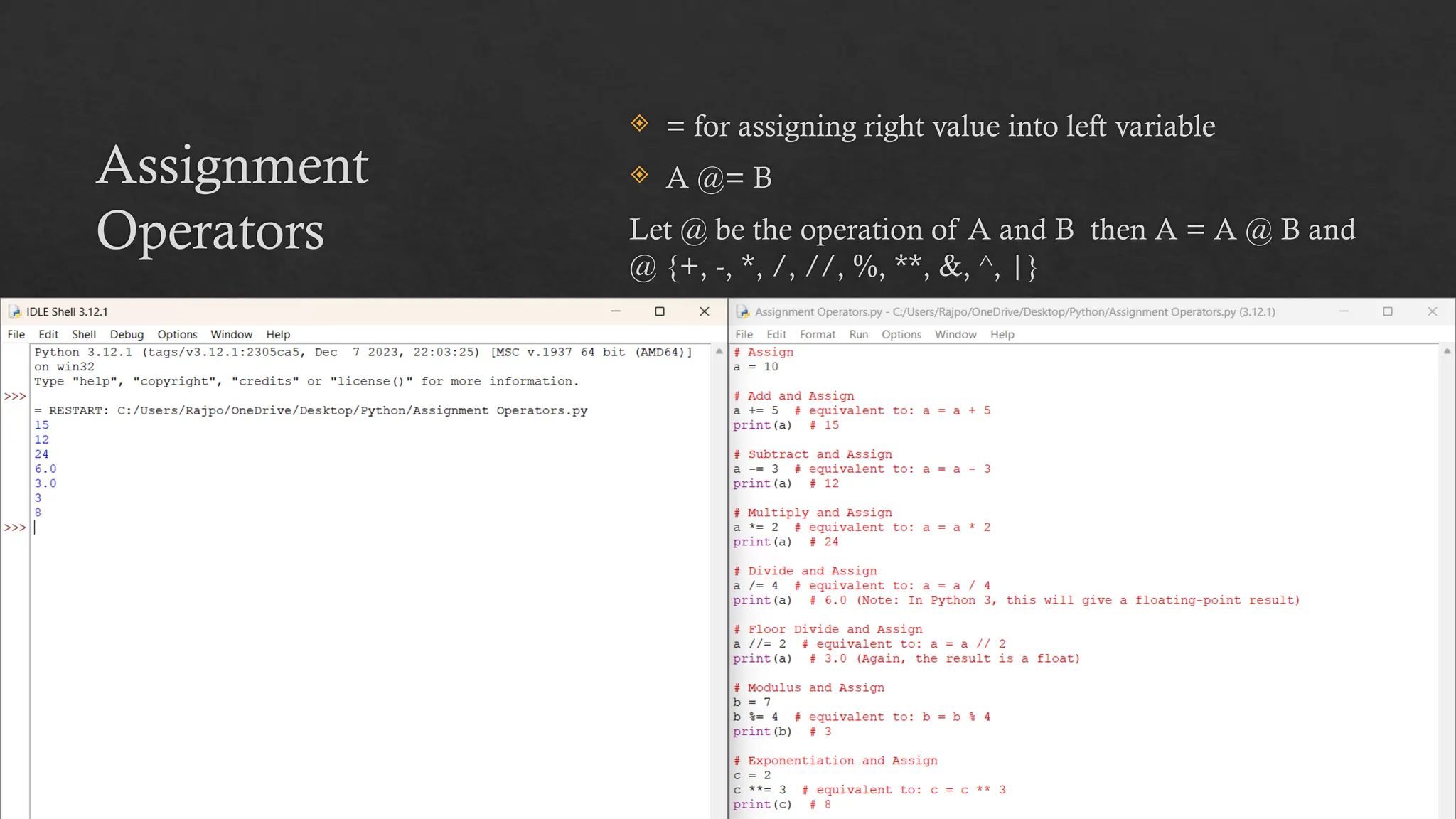 Assignment
Operators
 = for assigning right value into left variable
 A @= B
Let @ be the operation of A and B then A = A @ B and
@ {+, -, *, /, //, %, **, &, ^, |}
 