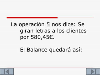 La operación 5 nos dice: Se
   giran letras a los clientes
   por 580,45€.

   El Balance quedará así:
 