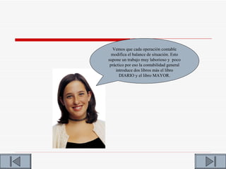 Vemos que cada operación contable
  modifica el balance de situación. Esto
supone un trabajo muy laborioso y poco
 práctico por eso la contabilidad general
    introduce dos libros más el libro
      DIARIO y el libro MAYOR.
 