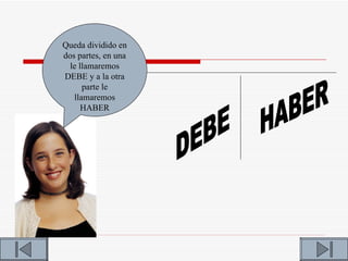 Queda dividido en
dos partes, en una
  le llamaremos
DEBE y a la otra
      parte le
   llamaremos
      HABER
 
