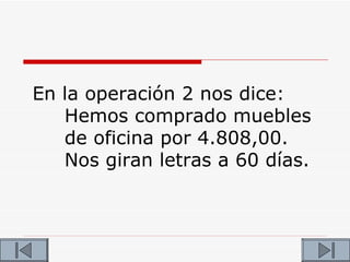 En la operación 2 nos dice:
   Hemos comprado muebles
   de oficina por 4.808,00.
   Nos giran letras a 60 días.
 