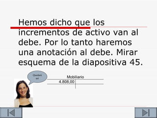Hemos dicho que los
incrementos de activo van al
debe. Por lo tanto haremos
una anotación al debe. Mirar
esquema de la diapositiva 45.
   Quedará
     así         Mobiliario
             4.808,00
 