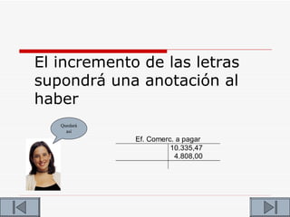 El incremento de las letras
supondrá una anotación al
haber
   Quedará
     así
             Ef. Comerc. a pagar
                       10.335,47
                        4.808,00
 