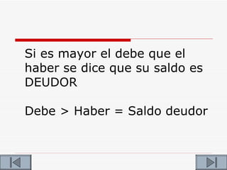 Si es mayor el debe que el
haber se dice que su saldo es
DEUDOR

Debe > Haber = Saldo deudor
 