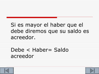 Si es mayor el haber que el
debe diremos que su saldo es
acreedor.

Debe < Haber= Saldo
acreedor
 
