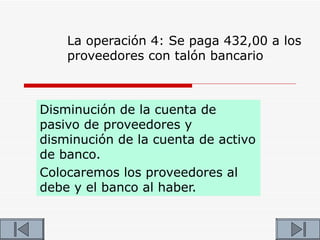 La operación 4: Se paga 432,00 a los
    proveedores con talón bancario



Disminución de la cuenta de
pasivo de proveedores y
disminución de la cuenta de activo
de banco.
Colocaremos los proveedores al
debe y el banco al haber.
 