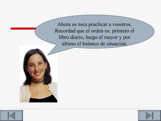 Ahora os toca practicar a vosotros.
Recordad que el orden es: primero el
 libro diario, luego el mayor y por
   último el balance de situación.
 