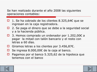 Se han realizado durante el año 2008 las siguientes
operaciones contables:

 1. Se ha cobrado de los clientes 8.325,64€ que se
  ingresan en la caja registradora.
 2. Se paga el dinero que se debe a la seguridad social
  y a la hacienda pública.
 3. Hemos comprado un ordenador por 1.202,00€ a
  pagar la mitad con talón bancario y el resto con
  letras a 60 días.
 Giramos letras a los clientes por 3.456,87€.
 Se ingresa 8.000,00€ de la caja al banco.
 Pagamos por el banco 5.325,62 de la hipoteca que
  tenemos con el banco
 