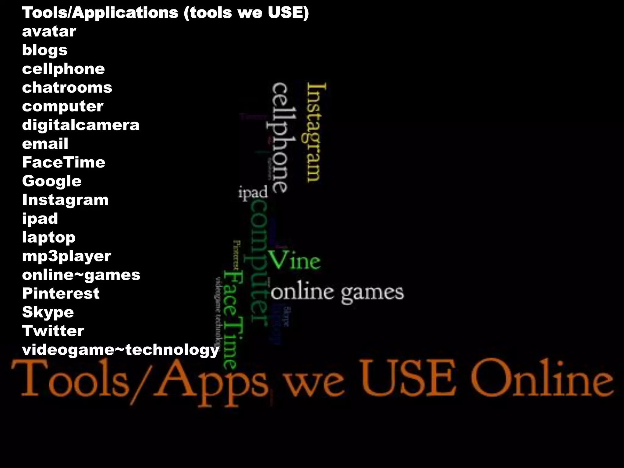 Tools/Applications (tools we USE)
avatar
blogs
cellphone
chatrooms
computer
digitalcamera
email
FaceTime
Google
Instagram
ipad
laptop
mp3player
online~games
Pinterest
Skype
Twitter
videogame~technology

 