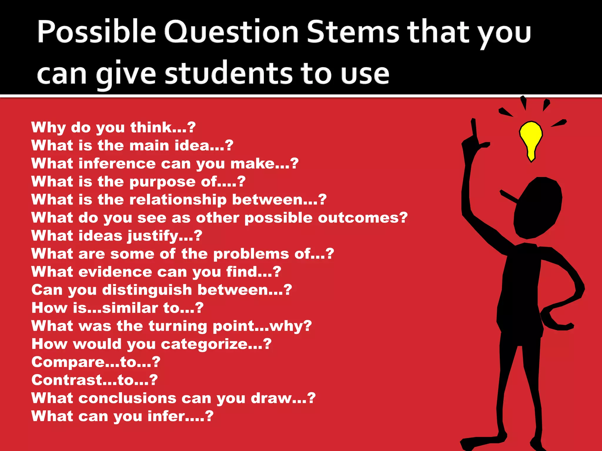 Why do you think…?
What is the main idea…?
What inference can you make…?
What is the purpose of….?
What is the relationship between…?
What do you see as other possible outcomes?
What ideas justify…?
What are some of the problems of…?
What evidence can you find…?
Can you distinguish between…?
How is…similar to…?
What was the turning point…why?
How would you categorize…?
Compare…to…?
Contrast…to…?
What conclusions can you draw…?
What can you infer….?

 