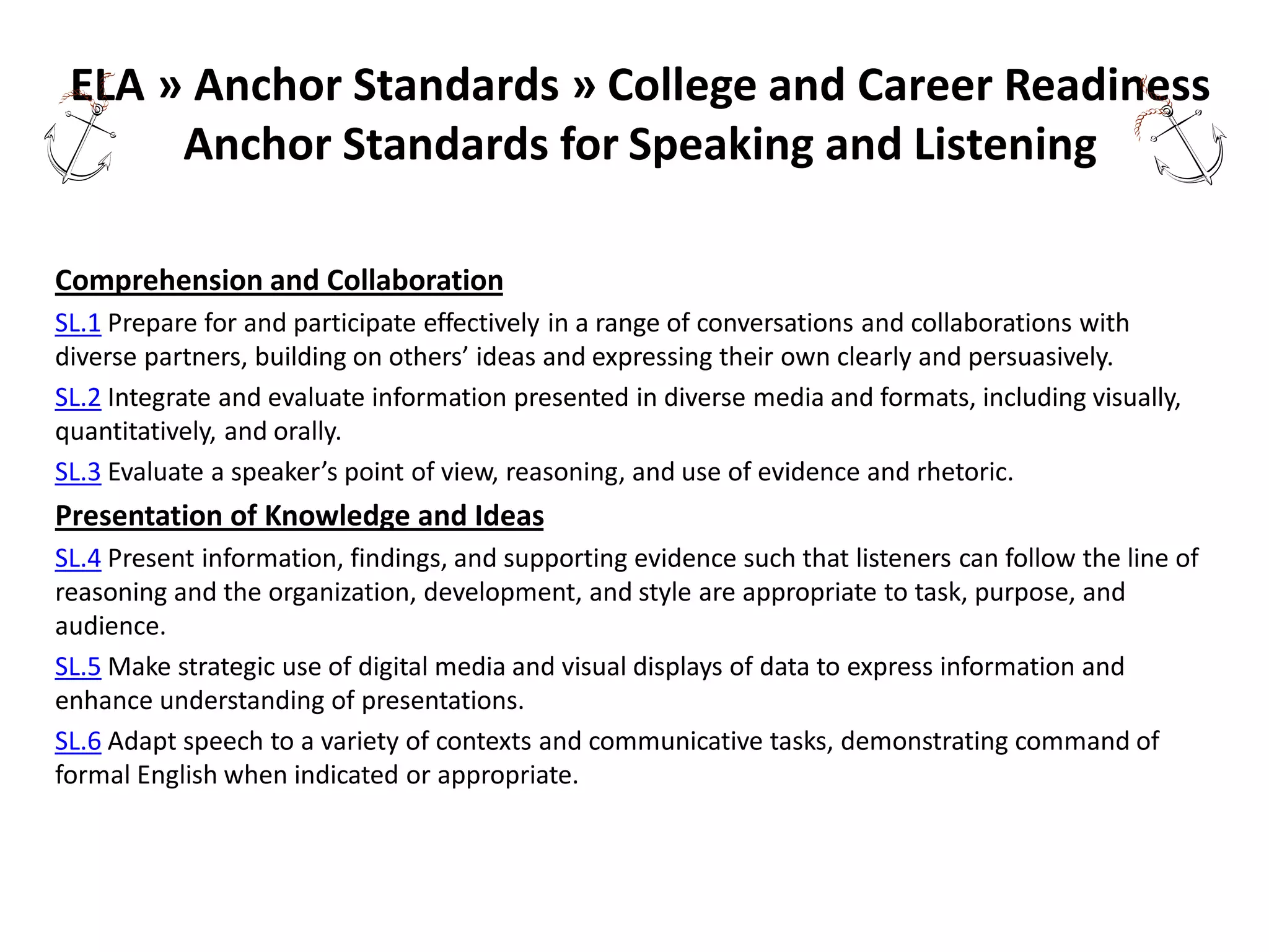 ELA » Anchor Standards » College and Career Readiness
Anchor Standards for Speaking and Listening
Comprehension and Collaboration
SL.1 Prepare for and participate effectively in a range of conversations and collaborations with
diverse partners, building on others’ ideas and expressing their own clearly and persuasively.
SL.2 Integrate and evaluate information presented in diverse media and formats, including visually,
quantitatively, and orally.
SL.3 Evaluate a speaker’s point of view, reasoning, and use of evidence and rhetoric.

Presentation of Knowledge and Ideas
SL.4 Present information, findings, and supporting evidence such that listeners can follow the line of
reasoning and the organization, development, and style are appropriate to task, purpose, and
audience.
SL.5 Make strategic use of digital media and visual displays of data to express information and
enhance understanding of presentations.
SL.6 Adapt speech to a variety of contexts and communicative tasks, demonstrating command of
formal English when indicated or appropriate.

 