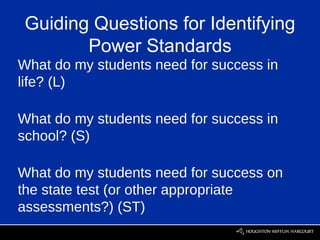 Guiding Questions for Identifying
        Power Standards
What do my students need for success in
life? (L)

What do my students need for success in
school? (S)

What do my students need for success on
the state test (or other appropriate
assessments?) (ST)
                    12
 