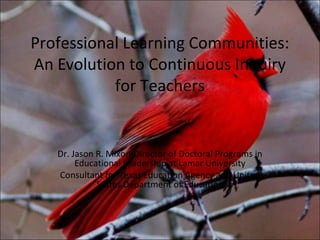 Professional Learning Communities:
An Evolution to Continuous Inquiry
           for Teachers


   Dr. Jason R. Mixon-Director of Doctoral Programs in
        Educational Leadership at Lamar University
   Consultant for Texas Education Agency and United
             States Department of Education
 