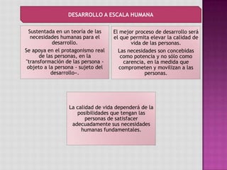 Sustentada en un teoría de las
necesidades humanas para el
desarrollo.
Se apoya en el protagonismo real
de las personas, en la
"transformación de las persona -
objeto a la persona - sujeto del
desarrollo«.
La calidad de vida dependerá de la
posibilidades que tengan las
personas de satisfacer
adecuadamente sus necesidades
humanas fundamentales.
El mejor proceso de desarrollo será
el que permita elevar la calidad de
vida de las personas.
Las necesidades son concebidas
como potencia y no sólo como
carencia, en la medida que
comprometen y movilizan a las
personas.
DESARROLLO A ESCALA HUMANA
 