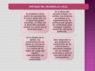 Se establece cierta
suerte de equivalentes:
el macro desarrollo con
el desarrollo global
(mundial), el meso con
el desarrollo nacional-
estatal y el micro con el
desarrollo local.
En el desarrollo
nacional-estatal, en
cambio, los esfuerzos
se orientan a la
implementación de
políticas que apoyen
las condiciones para
conseguir mejores
niveles de vida de la
población.
En el ámbito de lo
global, las
pretensiones de los
países se centran en
el establecimiento
y/o cambio de las
reglas del juego que
regulan,
especialmente sus
relaciones
comerciales.
Meso desarrollo la
que posibilita la
comprensión de las
orientaciones y
decisiones tomadas
por los estados
nacionales y, para el
caso particular de
Latinoamérica.
ENFOQUE DEL DESARROLLO LOCAL
 