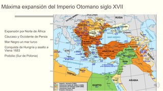 Máxima expansión del Imperio Otomano siglo XVII
Expansión por Norte de África
Cáucaso y Occidente de Persia
Mar Negro un mar turco
Conquista de Hungría y asalto a
Viena 1683
Podolia (Sur de Polonia)
 