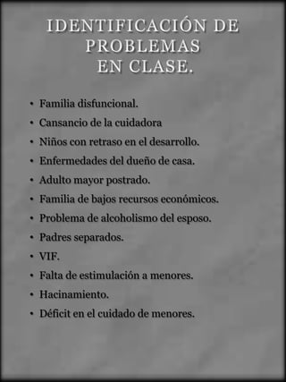 • Familia disfuncional.
• Cansancio de la cuidadora
• Niños con retraso en el desarrollo.
• Enfermedades del dueño de casa.
• Adulto mayor postrado.
• Familia de bajos recursos económicos.
• Problema de alcoholismo del esposo.
• Padres separados.
• VIF.
• Falta de estimulación a menores.
• Hacinamiento.
• Déficit en el cuidado de menores.
 