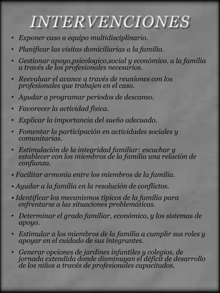 • Exponer caso a equipo multidisciplinario.
• Planificar las visitas domiciliarias a la familia.
• Gestionar apoyo,psicologico,social y económico. a la familia
  a través de los profesionales necesarios.
• Reevaluar el avance a través de reuniones con los
  profesionales que trabajen en el caso.
• Ayudar a programar períodos de descanso.
• Favorecer la actividad física.
• Explicar la importancia del sueño adecuado.
• Fomentar la participación en actividades sociales y
  comunitarias.
• Estimulación de la integridad familiar: escuchar y
  establecer con los miembros de la familia una relación de
  confianza.
• Facilitar armonía entre los miembros de la familia.
• Ayudar a la familia en la resolución de conflictos.
• Identificar los mecanismos típicos de la familia para
   enfrentarse a las situaciones problemáticas.
• Determinar el grado familiar, económico, y los sistemas de
  apoyo.
• Estimular a los miembros de la familia a cumplir sus roles y
  apoyar en el cuidado de sus integrantes.
• Generar opciones de jardines infantiles y colegios, de
  jornada extendida donde disminuyan el déficit de desarrollo
  de los niños a través de profesionales capacitados.
 