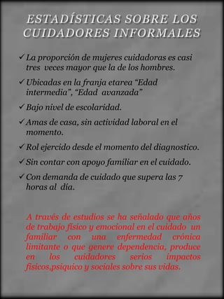  La proporción de mujeres cuidadoras es casi
  tres veces mayor que la de los hombres.
 Ubicadas en la franja etarea “Edad
  intermedia”, “Edad avanzada”
 Bajo nivel de escolaridad.
 Amas de casa, sin actividad laboral en el
  momento.
 Rol ejercido desde el momento del diagnostico.
 Sin contar con apoyo familiar en el cuidado.
 Con demanda de cuidado que supera las 7
  horas al día.


  A través de estudios se ha señalado que años
  de trabajo físico y emocional en el cuidado un
  familiar con una enfermedad crónica
  limitante o que genere dependencia, produce
  en     los    cuidadores      serios    impactos
  fisicos,psiquico y sociales sobre sus vidas.
 