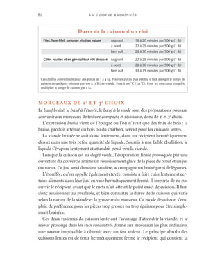la cuisine raisonnée80
MORCEAUX DE 2e
ET 3e
CHOIX
Le bœuf braisé, le bœuf à l’étuvée, le bœuf à la mode sont des préparations pouvant
convenir aux morceaux de texture compacte et résistante, donc de 2e
et 3e
choix.
L’expression braisé vient de l’époque où l’on n’avait que des feux de bois: la
braise, produit atténué du bois ou du charbon, servait pour les cuissons lentes.
La viande braisée se cuit donc lentement, dans un récipient hermétiquement
clos et dans une très petite quantité de liquide. Soumis à une faible ébullition, le
liquide s’évapore lentement et attendrit peu à peu la viande.
Lorsque la cuisson est au degré voulu, l’évaporation finale provoquée par une
ouverture du couvercle amène un roussissement glacé de la pièce de bœuf et un jus
onctueux. Ce jus, servi dans une saucière, accompagne un braisé garni de légumes.
L’étouffée, qu’on appelle également étuvée, consiste à faire cuire lentement cer-
tains aliments dans leur jus, en vase hermétiquement fermé. Il importe de ne pas
ouvrir le récipient avant que le mets n’ait atteint le point exact de cuisson. Il faut
donc assaisonner au préalable, et bien connaître la durée de la cuisson qui varie
selon la nature de la viande et la grosseur du morceau. Ce mode de cuisson s’em-
ploie de préférence pour les pièces trop grosses ou trop épaisses pour être simple-
ment braisées.
Ces deux systèmes de cuisson lente ont l’avantage d’attendrir la viande, et le
séjour prolongé dans les sucs concentrés donne aux morceaux les plus ordinaires
une saveur impossible à obtenir avec un feu ardent. Le principe absolu des
cuissons lentes est de tenir hermétiquement fermé le récipient qui contient la
Durée de la cuisson d’un rôti
Filet, faux-filet, surlonge et côtes nature saignant 18 à 20 minutes par 500 g (1 lb)
à point 22 à 25 minutes par 500 g (1 lb)
bien cuit 28 à 30 minutes par 500 g (1 lb)
Côtes roulées et en général tout rôti désossé saignant 22 à 25 minutes par 500 g (1 lb)
à point 28 à 30 minutes par 500 g (1 lb)
bien cuit 33 à 35 minutes par 500 g (1 lb)
Ces chiffres conviennent pour des pièces de 3 à 4 kg. Pour les pièces plus petites, il faut allonger le temps de
cuisson de quelques minutes par 500 g (1 lb) de viande. Four à 160°C (325°C). Pour les morceaux congelés,
multiplier le temps de cuisson par 1 1
/2.
 