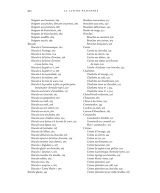 la cuisine raisonnée402
Beignets aux bananes, 289
Beignets aux pêches, abricots ou poires, 289
Beignets aux pommes, 288
Beignets de fruits farcis, 289
Beignets de fruits hachés, 289
Beignets soufflés, 289
Beignets sucrés, 289
Biscuits
Biscuits à l’ammoniaque, 262
Biscuits à l’orange, 263
Biscuits à la crème, 254
Biscuits à la farine d’avoine, 256
Biscuits à la farine d’avoine
et aux dattes, 264
Biscuits à la gelée no
1, 266
Biscuits à la gelée no
2, 266
Biscuits à la marmelade, 255
Biscuits à la mélasse, 266
Biscuits à la noix de coco, 259
Biscuits à la poudre à pâte ou petits pains
instantanés (formule-type), 307
Biscuits au beurre d’arachides, 257
Biscuits au chocolat, 262
Biscuits au gingembre, 267
Biscuits au miel, 263
Biscuits au miel, 308
Biscuits au son entier, 255
Biscuits au sucre, 260
Biscuits aux arachides, 260
Biscuits aux céréales cuites, 254
Biscuits aux dattes et à la noix de coco, 255
Biscuits aux figues, 265
Biscuits de fantaisie, 258
Biscuits de Milan, 263
Biscuits délicieux au chocolat, 256
Biscuits épicés à la farine d’avoine, 259
Biscuits ermites (aux dattes), 260
Biscuits «frigidaire», 267
Biscuits glacés au chocolat, 263
Biscuits «Janoises», 262
Biscuits moulés à la douille, 259
Biscuits sablés, 264
Biscuits secs, 264
Biscuits «surprise», 265
Biscuits «Tante Marie», 265
Bombe glacée, 345
Bombes marocaines, 327
Bouchées aux noix, 240
Bouchées délicieuses, 240
Boules de neige, 322
Brioches
Brioches au caramel, 306
Brioches aux cerises, 303
Brioches françaises, 306
Carrés
Carrés au chocolat, 241
Carrés au citron, 241
Carrés aux dattes, 242
Carrés aux dattes aux flocons
de maïs, 242
Carrés «Graham» au chocolat, 243
Charlottes
Charlotte à l’orange, 325
Charlotte au café, 325
Charlotte aux framboises, 326
Charlotte russe au chocolat, 325
Charlotte russe no
1, 324
Charlotte russe no
2, 324
Chaud-froid verdunois, 326
Chaussons, 285
Choux à la crème, 293
Commandos, 243
Cordon au miel, 305
Cornes d’abondance, 285
Cossetardes
Cossetarde à l’érable, 312
Cossetarde au caramel, 312
Flan «cossetarde», 312
Crèmes
Crème à l’orange, 329
Crème au citron, 241
Crème au riz, 310
Crème aux bananes, 312
Crème bavaroise, 328
Crème de tapioca aux pêches, 330
Crème économique (formule-type), 310
Crème éponge au chocolat, 329
Crème Marie-Anne, 246
Crème pâtissière, 246
Crème pâtissière au café, 246
Crème pâtissière au chocolat, 246
Crème pâtissière pour mille-feuilles, 287
Cuisine.set-up.04 11/21/03, 14:37402
 
