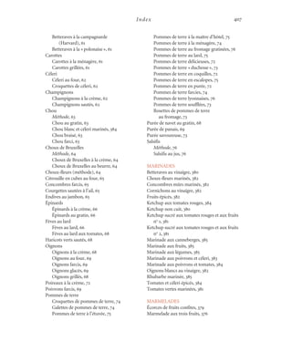 Index 407
Betteraves à la campagnarde
(Harvard), 61
Betteraves à la «polonaise», 61
Carottes
Carottes à la ménagère, 61
Carottes grillées, 61
Céleri
Céleri au four, 62
Croquettes de céleri, 62
Champignons
Champignons à la crème, 62
Champignons sautés, 62
Chou
Méthode, 63
Chou au gratin, 63
Chou blanc et céleri marinés, 384
Chou braisé, 63
Chou farci, 63
Choux de Bruxelles
Méthode, 64
Choux de Bruxelles à la crème, 64
Choux de Bruxelles au beurre, 64
Choux-fleurs (méthode), 64
Citrouille en cubes au four, 65
Concombres farcis, 65
Courgettes sautées à l’ail, 65
Endives au jambon, 65
Épinards
Épinards à la crème, 66
Épinards au gratin, 66
Fèves au lard
Fèves au lard, 66
Fèves au lard aux tomates, 68
Haricots verts sautés, 68
Oignons
Oignons à la crème, 68
Oignons au four, 69
Oignons farcis, 69
Oignons glacés, 69
Oignons grillés, 68
Poireaux à la crème, 72
Poivrons farcis, 69
Pommes de terre
Croquettes de pommes de terre, 74
Galettes de pommes de terre, 74
Pommes de terre à l’étuvée, 75
Pommes de terre à la maître d’hôtel, 75
Pommes de terre à la ménagère, 74
Pommes de terre au fromage gratinées, 76
Pommes de terre au lard, 75
Pommes de terre délicieuses, 72
Pommes de terre «duchesse», 73
Pommes de terre en coquilles, 72
Pommes de terre en escalopes, 75
Pommes de terre en purée, 72
Pommes de terre farcies, 74
Pommes de terre lyonnaises, 76
Pommes de terre soufflées, 73
Rosettes de pommes de terre
au fromage, 73
Purée de navet au gratin, 68
Purée de panais, 69
Purée savoureuse, 73
Salsifis
Méthode, 76
Salsifis au jus, 76
MARINADES
Betteraves au vinaigre, 380
Choux-fleurs marinés, 382
Concombres mûrs marinés, 382
Cornichons au vinaigre, 382
Fruits épicés, 382
Ketchup aux tomates rouges, 384
Ketchup non cuit, 380
Ketchup sucré aux tomates rouges et aux fruits
no
1, 381
Ketchup sucré aux tomates rouges et aux fruits
no
2, 381
Marinade aux canneberges, 385
Marinade aux fruits, 385
Marinade aux légumes, 385
Marinade aux poivrons et céleri, 383
Marinade aux poivrons et tomates, 384
Oignons blancs au vinaigre, 382
Rhubarbe marinée, 385
Tomates et céleri épicés, 384
Tomates vertes marinées, 381
MARMELADES
Écorces de fruits confites, 379
Marmelade aux trois fruits, 376
Cuisine.set-up.04 11/21/03, 14:38407
 