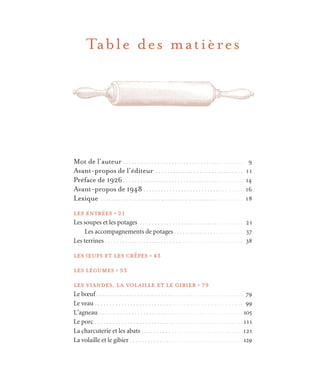 Table des matières
Mot de l’auteur . . . . . . . . . . . . . . . . . . . . . . . . . . . . . . . . . . . . . . . . . . 9
Avant-propos de l’éditeur . . . . . . . . . . . . . . . . . . . . . . . . . . . . . . 11
Préface de 1926. . . . . . . . . . . . . . . . . . . . . . . . . . . . . . . . . . . . . . . . . . 14
Avant-propos de 1948 . . . . . . . . . . . . . . . . . . . . . . . . . . . . . . . . . . 16
Lexique . . . . . . . . . . . . . . . . . . . . . .. . . . . . . . . . . . . . . . . . . . . . . . . . . . 18
les entrées G 21
Les soupes et les potages . . . . . . . . . . . . . . . . . . . . . . . . . . . . . . . . . . . 21
Les accompagnements de potages . . . . . . . . . . . . . . . . . . . . . . . . . 37
Les terrines . . . . . . . . . . . . . . . . . . . . . . . . . . . . . . . . . . . . . . . . . . . . . . . 38
les œufs et les crêpes G 43
les légumes G 53
les viandes, la volaille et le gibier G 79
Le bœuf . . . . . . . . . . . . . . . . . . . . . . . . . . . . . . . . . . . . . . . . . . . . . . . . . . 79
Le veau . . . . . . . . . . . . . . . . . . . . . . . . . . . . . . . . . . . . . . . . . . . . . . . . . . 99
L’agneau . . . . . . . . . . . . . . . . . . . . . . . . . . . . . . . . . . . . . . . . . . . . . . . . . 105
Le porc . . . . . . . . . . . . . . . . . . . . . . . . . . . . . . . . . . . . . . . . . . . . . . . . . .111
La charcuterie et les abats . . . . . . . . . . . . . . . . . . . . . . . . . . . . . . . . . .121
La volaille et le gibier . . . . . . . . . . . . . . . . . . . . . . . . . . . . . . . . . . . . . .129
Cuisine.set-up.04 11/18/03, 09:54412
 