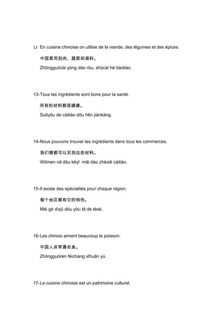 12- En cuisine chinoise on utilise de la viande, des légumes et des épices.

   中国菜用到肉、蔬菜和调料。

   Zhōngguócài yòng dào ròu, shūcài hé tiáoliào.




13-Tous les ingrédients sont bons pour la santé.

   所有的材料都很健康。

   Suǒyǒu de cáiliào dōu hěn jiànkāng.




14-Nous pouvons trouver les ingrédients dans tous les commerces.

   我们哪都可以买到这些材料。

   Wǒmen nǎ dōu kěyǐ mǎi dào zhèxiē cáiliào.




15-Il existe des spécialités pour chaque région.

   每个地区都有它的特色。

   Měi gè dìqū dōu yǒu tā de tèsè.




16-Les chinois aiment beaucoup le poisson.

   中国人非常喜欢鱼。

   Zhōngguórén fēicháng xǐhuān yú.




17-La cuisine chinoise est un patrimoine culturel.
 