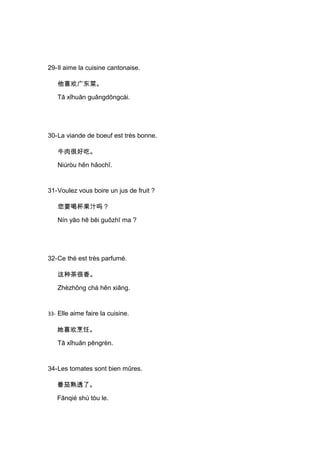 29-Il aime la cuisine cantonaise.

   他喜欢广东菜。

   Tā xǐhuān guǎngdōngcài.




30-La viande de boeuf est très bonne.

   牛肉很好吃。

   Niúròu hěn hǎochī.


31-Voulez vous boire un jus de fruit ?

   您要喝杯果汁吗？

   Nín yāo hē bēi guǒzhī ma ?




32-Ce thé est très parfumé.

   这种茶很香。

   Zhèzhǒng chá hěn xiāng.


33- Elle aime faire la cuisine.

   她喜欢烹饪。

   Tā xǐhuān pēngrèn.


34-Les tomates sont bien mûres.

   番茄熟透了。

   Fānqié shú tòu le.
 