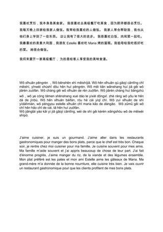 我喜欢烹饪，我本身是美食家。 我很喜欢去高级餐厅吃美食，因为厨师都很会烹饪。

我每天晚上回家给我家人做饭。我常给我喜欢的人做饭。 我家人常会帮助我，我也从

他们身上学到了一些东西。 这让我有了很大的进步。 我很喜欢白饭、肉和菜一起吃。

我最喜欢的是意大利面，我朋友 Estelle 喜欢吃 Maria 烤的蛋糕。我祖母给我吃很好吃

的菜。 她很会做饭。

我将来要开一家高级餐厅， 为的是给客人享受我的美味食谱。




Wǒ xǐhuān pēngrèn ，Wǒ běnshēn shì měishíjiā. Wǒ hěn xǐhuān qù gāojí cāntīng chī
měishí, yīnwèi chúshī dōu hěn huì pēngrèn. Wǒ měi tiān wǎnshang huí jiā gěi wǒ
jiārén zuòfàn. Wǒ cháng gěi wǒ xǐhuān de rén zuòfàn. Wǒ jiārén cháng huì bāngzhù
wǒ，wǒ ye cóng tāmen shēnshang xué dào le yìxiē dōngxī. zhè ràng wǒ yǒu le hěn
dà de jìnbù. Wǒ hěn xǐhuān báifàn, ròu hé cài yìqǐ chī. Wǒ zuì xǐhuān de shì
yìdàlìmiàn, wǒ péngyou estelle xǐhuān chī maria kǎo de dàngāo. Wǒ zǔmǔ gěi wǒ
chī hěn hǎo chī de cài. tā hěn huì zuòfàn.
Wǒ jiānglái yào kāi yì jiā gāojí cāntīng, wèi de shì gěi kèrén xiǎngshòu wǒ de měiwèi
shípǔ.




J’aime cuisiner, je suis un gourmand. J’aime aller dans les restaurants
gastronomiques pour manger des bons plats, parce que le chef est très bon. Chaque
soir, je rentre chez moi cuisiner pour ma famille. Je cuisine souvent pour mes amis.
Ma famille m’aide souvent et j’ai appris beaucoup de chose de leur part. J’ai fait
d’énorme progrès. J’aime manger du riz, de la viande et des légumes ensemble.
Mon plat préféré est les pates et mon ami Estelle aime les gâteaux de Maria. Ma
grand-mère m’a donnée de la bonne nourriture, elle cuisine très bien. Je vais ouvrir
un restaurant gastronomique pour que les clients profitent de mes bons plats.
 