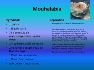 Mouhalabia
Ingredients                         Préparation
                                    •   Pour préparer la recette de mouhalabia :
• 1l de lait
• 125 g de sucre                    •   Chauffer le lait au bain-marie. Ajouter le
                                        sucre et remuer jusqu'à ce qu'il soit fondu.
• 75 g de fécule de                     Incorporer la fécule de maïs. Remuer jusqu'à
                                        ce que le mélange épaississe. Ajouter la
  maïs, délayée dans un peu             vanille, l'eau de fleur d'oranger et la crème.
  d'eau                                 Prolonger la cuisson 2 minutes, en remuant
                                        constamment. Laisser refroidir.
• 1/4 cuillerée à café de vanille       Verser un peu d'eau de rose au fond de 4
                                        coupes en verre et y répartir le mélange.
• 2 cuillerées à soupe d'eau de         Réfrigérer jusqu'au moment de servir.
  fleur d'oranger                       Décorer de noix ou de fruits secs hachés.
• 125 ml de crème fraîche
• 125 ml d'eau de rose
• noix ou fruits secs hachés
 