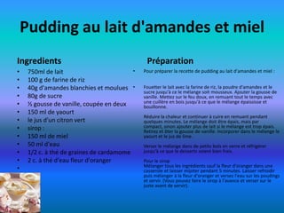 Pudding au lait d'amandes et miel
Ingredients                                      Préparation
•    750ml de lait                          •   Pour préparer la recette de pudding au lait d'amandes et miel :
•    100 g de farine de riz
•    40g d'amandes blanchies et moulues     •   Fouetter le lait avec la farine de riz, la poudre d'amandes et le
                                                sucre jusqu'à ce le mélange soit mousseux. Ajouter la gousse de
•    80g de sucre                               vanille. Mettez sur le feu doux, en remuant tout le temps avec
•    ½ gousse de vanille, coupée en deux        une cuillère en bois jusqu'à ce que le mélange épaississe et
                                                bouillonne.
•    150 ml de yaourt
                                                Réduire la chaleur et continuer à cuire en remuant pendant
•    le jus d'un citron vert                    quelques minutes. Le mélange doit être épais, mais par
•    sirop :                                    compact, sinon ajouter plus de lait si le mélange est trop épais.
                                                Retirez et ôter la gousse de vanille. Incorporer dans le mélange le
•    150 ml de miel                             yaourt et le jus de lime.
•    50 ml d'eau                                Verser le mélange dans de petits bols en verre et réfrigérer
•    1/2 c. à thé de graines de cardamome       jusqu'à ce que le desserts soient bien frais.
•    2 c. à thé d'eau fleur d'oranger           Pour le sirop
                                                Mélanger tous les ingrédients sauf la fleur d'oranger dans une
•                                               casserole et laisser mijoter pendant 5 minutes. Laisser refroidir
                                                puis mélanger à la fleur d'oranger et versez l'eau sur les poudings
                                                et servir. (Vous pouvez faire le sirop à l'avance et verser sur le
                                                juste avant de servir).
 