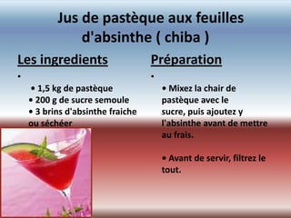 Jus de pastèque aux feuilles
               d'absinthe ( chiba )
Les ingredients                    Préparation
•                                  •
    • 1,5 kg de pastèque               • Mixez la chair de
    • 200 g de sucre semoule           pastèque avec le
    • 3 brins d'absinthe fraiche       sucre, puis ajoutez y
    ou séchéer                         l'absinthe avant de mettre
                                       au frais.

                                       • Avant de servir, filtrez le
                                       tout.
 