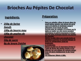 Brioches Au Pépites De Chocolat
   Ingrédients:          Préparation          :



                         •
                             Dans un saladier, diluer la levure dans les
• 250g de farine             oeufs battus ajouter une pincee de sel,le
                             sucre et la farine et melanger jusqu'à
  3oeufs                     obtention d'une boule de pate.
                             Sortirla pate du saladier et la poser sur la
  100g de beurre mou         table.La replier sur elle meme pendant
                             15min(pour la pétrir).Incorporer le beure
  100g de pepites de         dans la pate,melanger.Ajouter les pepites
  chocolat                   de chocolat.
                             Mettre la pate dans une grande boite en
  50g de sucre               plastique et fermer le couverle.Ranger la
                             boite au refrigerateur jusqu'au
  8g de levure fraiche       lendemain.
                             Le lendemain:
                             Diviser la pate en 12 morceaux.Former à
                             l'aide de farine des petites boules et les
                             déposer sur une plaque de cuisson.Laisser
                             lever 2h.Apres badigeonner la de l'oeuf
                             battu.
                             Les enfourner 20min à 180c.
                         •
 