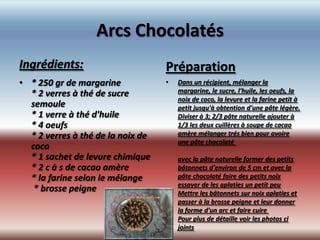 Arcs Chocolatés
Ingrédients:                       Préparation
• * 250 gr de margarine            •   Dans un récipient, mélanger la
  * 2 verres à thé de sucre            margarine, le sucre, l'huile, les oeufs, la
                                       noix de coco, la levure et la farine petit à
  semoule                              petit jusqu'à obtention d'une pâte légère.
  * 1 verre à thé d'huile              Diviser à 3; 2/3 pâte naturelle ajouter à
  * 4 oeufs                            1/3 les deux cuillères à soupe de cacao
  * 2 verres à thé de la noix de       amère mélanger trés bien pour avoire
                                       une pâte chocolaté
  coco
  * 1 sachet de levure chimique        avec la pâte naturelle former des petits
  * 2 c à s de cacao amère             bâtonnets d'environ de 5 cm et avec la
  * la farine selon le mélange         pâte chocolaté faire des petits noix
                                       essayer de les aplaties un petit peu
   * brosse peigne                     Mettre les bâtonnets sur noix aplaties et
                                       passer à la brosse peigne et leur donner
                                       la forme d'un arc et faire cuire
                                       Pour plus de détaille voir les photos ci
                                       joints
 
